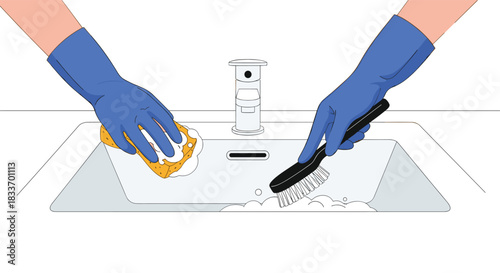 Two gloved hands actively clean a white bathroom sink, one with a sponge and the other with a brush, both generating cleaning suds.