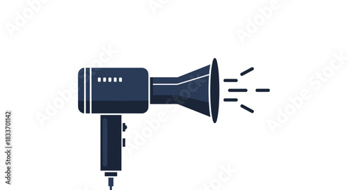 Flat design illustration of a dark blue hairdryer with a wide nozzle, emitting diagonal lines to represent hot air or strong airflow on a white background.