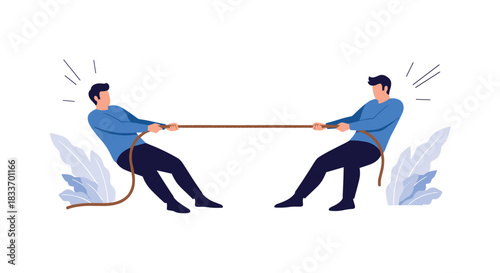Stylized illustration of two men intensely competing in a tug-of-war, representing business competition, challenge, or conflict resolution.