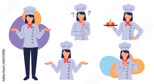 Various poses of a female chef character demonstrating different actions like serving food, thinking, and gesturing, perfect for restaurant and cooking themes.
