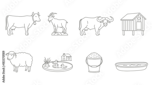 Illustration of farm animals including a cow, goat, buffalo, sheep, ducks in a pond, and a small house