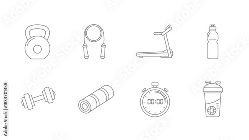 Illustration showing various fitness equipment including kettlebell, jump rope and treadmill and more