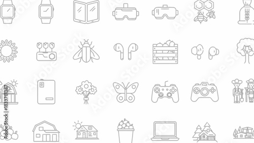 Illustration showcasing various icons including technology, nature, agriculture and rural life elements