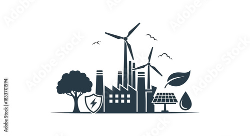 Industrial landscape combining factory wind turbines solar panels and nature in a dark silhouette