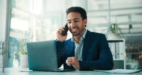 Fotografía Phone call, communication or man with laptop for consultation, verify details or application review update