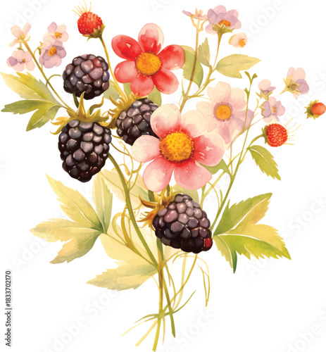 Watercolor Wildflower and Berry Bouquet