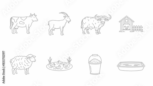 Illustration of farm animals including a cow goat buffalo sheep and ducks with a chicken coop and bucket
