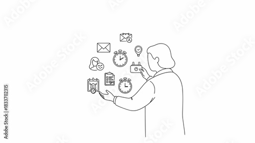 Person Managing Time And Tasks With Linear Icon Elements Concept