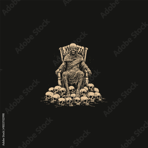 A gruesome and powerful vintage illustration depicting an undead skeletal king, wrapped in mummy bandages, seated on a throne made entirely of human skulls