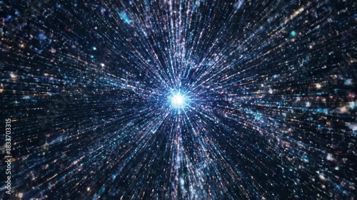 Bright starburst radiant light beams sparkling particles cosmic explosion space universe digital particles abstract glowing dots futuristic design vibrant colors energy flow dynamic motion blue