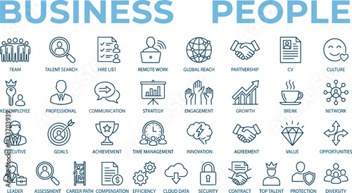 Business People, HR, and Human Resources Management Line Icon Set, featuring Teamwork, Strategy, Leadership, and Corporate Success Symbols for Modern UI/UX.