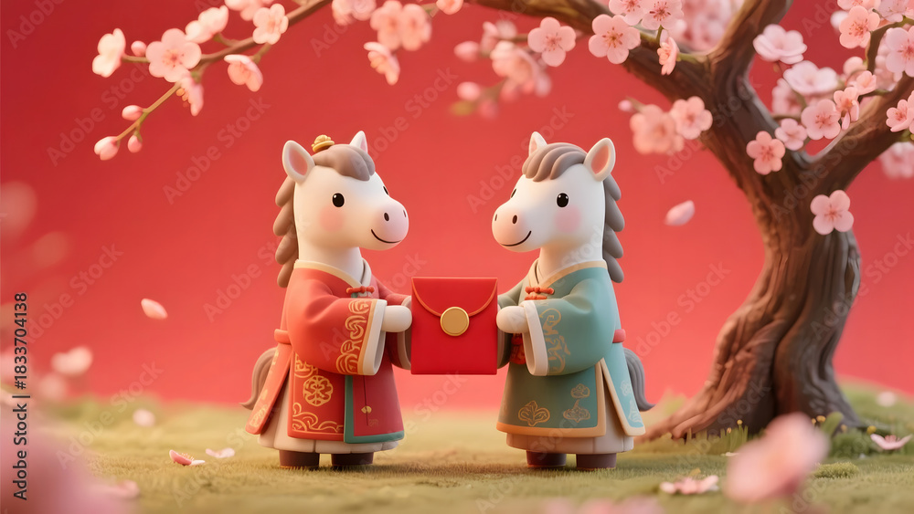 Fototapeta premium Pony pair sharing red packets under spring blossoms