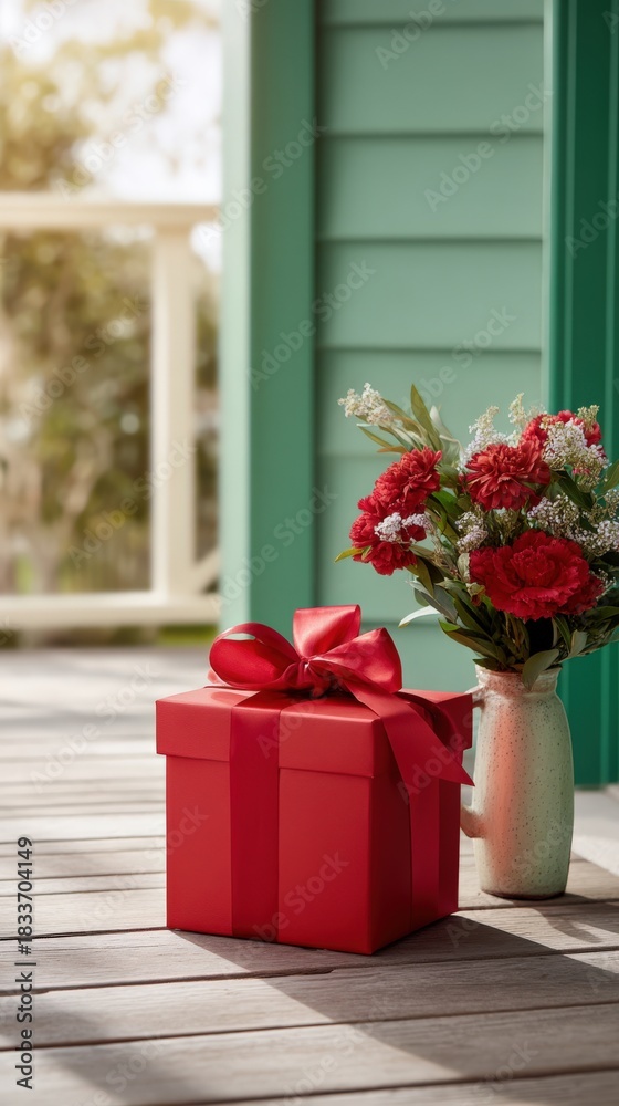 Naklejka premium Red gift box with a bow sits beside a vase of vibrant flowers on a wooden porch, creating a warm and inviting atmosphere for celebrations and special occasions