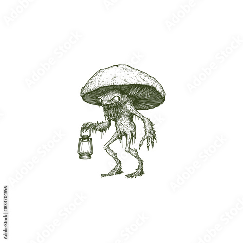 vintage-style illustration of a monstrous mushroom creature, a creepy fungoid horror holding an old lantern