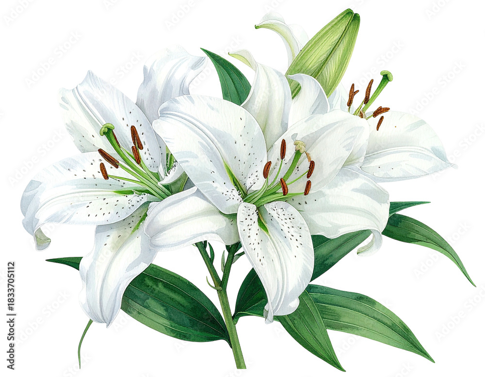 Fototapeta premium White lilies bouquet, detailed petals and green leaves