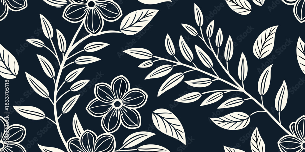 Fototapeta premium Seamless Floral Doodle Vector Pattern with Hand-Drawn Flowers and Leaves, White Outlines on Dark Background, High-Contrast Tileable Design, Clean Modern Editable Vector