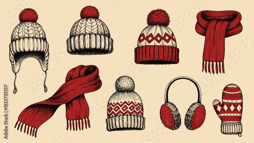 Hand-drawn vintage collection of cozy winter accessories, including various knitted hats, scarves, earmuffs, and mittens.
