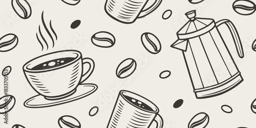 Seamless coffee doodle vector pattern with hand-drawn coffee cups, beans, and mugs in simple cute black outline style on a light background, clean repeating tileable editable vector design
