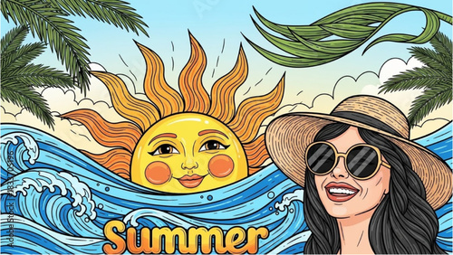 Colorful outline art of summer sunrise over ocean waves with happy woman in sunhat, tropical palms, bright seasonal design