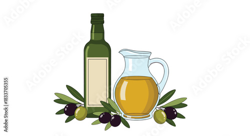 A rustic still life illustration of a bottle and jug of extra virgin olive oil, surrounded by branches with fresh black and green olives.
