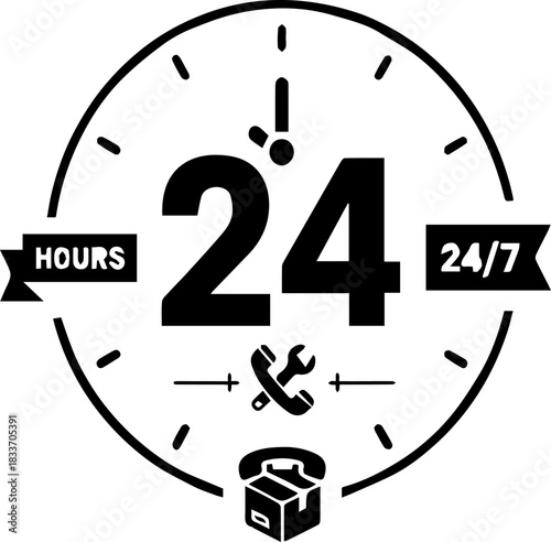 Black 24 Hours service and support vector icon isolated on white background