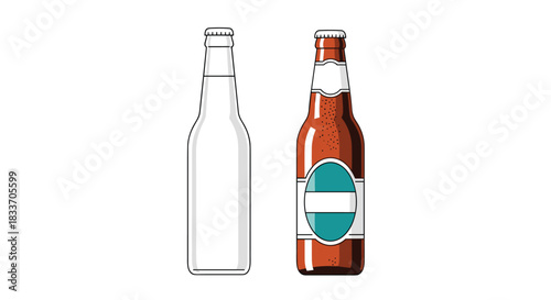 A clear illustration comparing an empty, unlabeled clear glass beer bottle to a full brown bottle with a blank label for branding.
