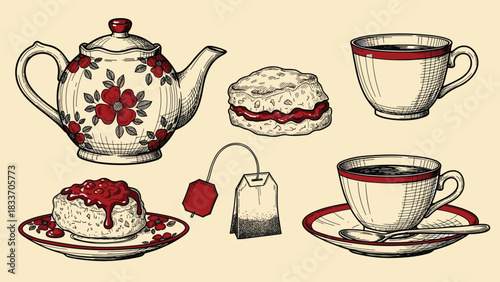Charming hand-drawn vintage collection of tea time items including a teapot, teacups, scones with jam, and a tea bag.