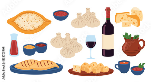 A delicious collection of traditional Georgian cuisine dishes, including khachapuri, khinkali, cheese, and red wine illustrations.