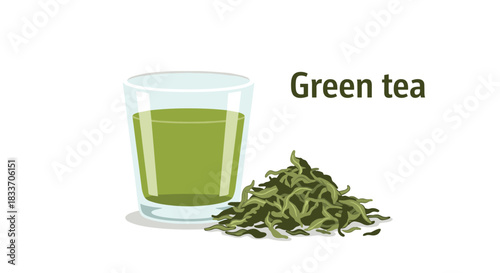 A simple and healthy illustration of a glass of freshly brewed green tea next to a pile of dry tea leaves on a white background.