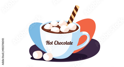 A cozy illustration of a mug of hot chocolate topped with marshmallows and a wafer, set against a backdrop of abstract shapes.