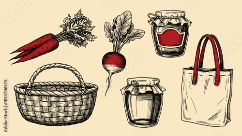 Vintage hand-drawn set of farmers market items, including a wicker basket, carrots, radish, jars of jam, and a reusable tote bag.