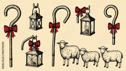 Hand-drawn vintage collection of shepherd and nativity elements including sheep, lanterns, and crooks with red bows.