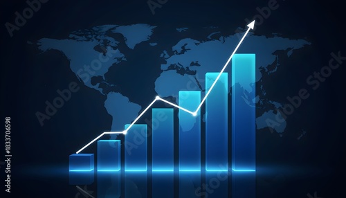 Upward trending bar chart and arrow graph indicating global business growth and financial success.
