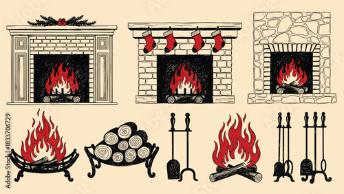 Hand-drawn vintage collection of cozy fireplaces with burning fires, log holders, and fireplace tools for interior design elements.