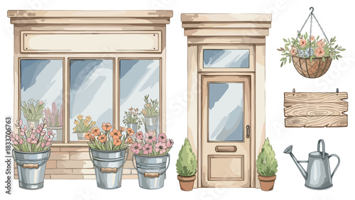 Charming watercolor illustration set of a flower shop storefront with potted plants, a hanging basket, and accessories.