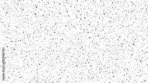 Seamless terrazzo flooring pattern with small grey and black chips on a white background, creating a modern and minimalist texture.