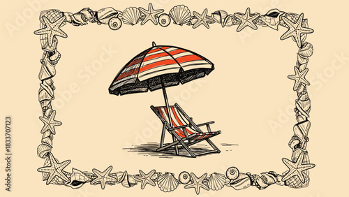 Vintage hand-drawn illustration of a beach chair and umbrella, set within a decorative frame made of assorted seashells.