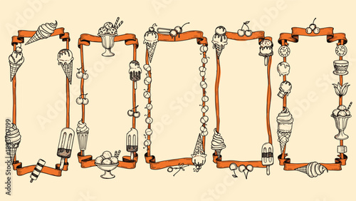 Set of vintage hand-drawn vertical frames and borders decorated with various ice cream cones, sundaes, popsicles, and ribbons.