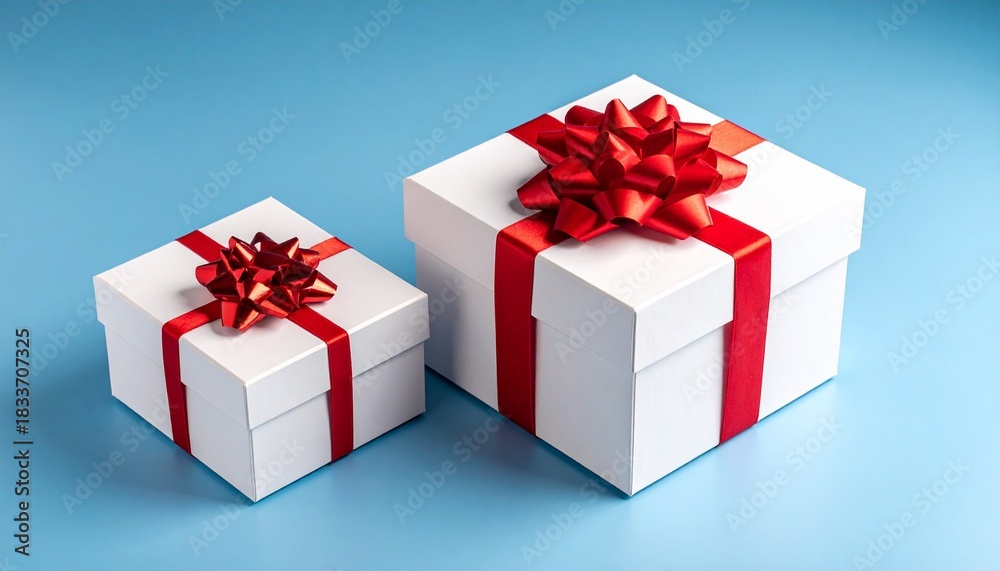 Obraz premium Two white gift boxes with red ribbons on blue surface
