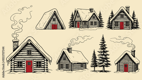 Hand-drawn vintage collection of cozy, rustic log cabins covered in snow, perfect for winter and holiday-themed designs.