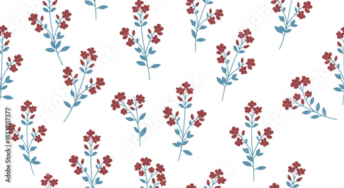 A delicate and charming seamless floral pattern featuring small red flowers on blue-green stems, scattered on a white background.