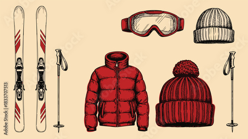 Hand-drawn collection of winter ski equipment including skis, poles, goggles, puffer jacket, and warm knit hats.