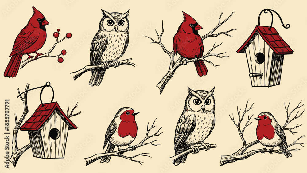 Fototapeta premium Hand-drawn vintage collection of winter birds, including cardinals, owls, and robins, with rustic wooden birdhouses.