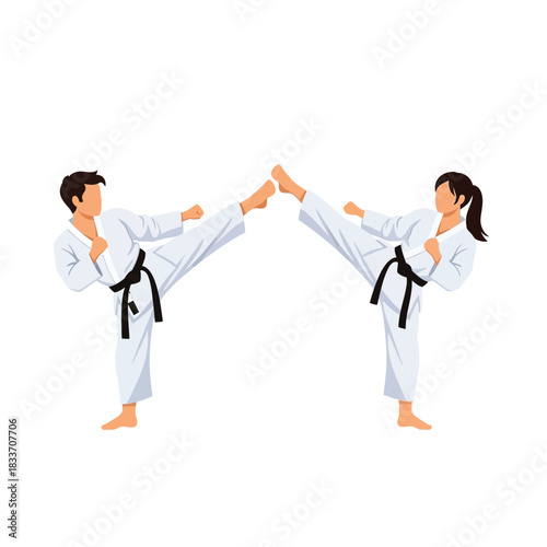 Two martial artists in white uniforms performing a simultaneous high kick, training together.