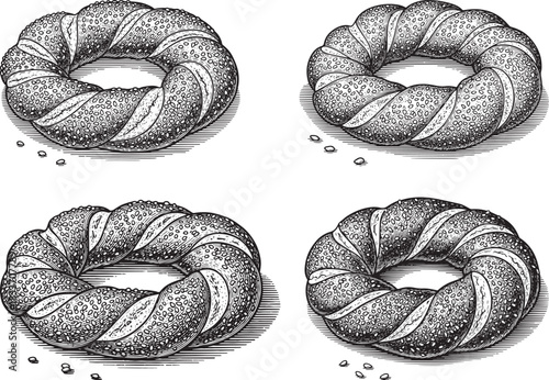 Vintage engraved Turkish simit sesame ring icon set featuring twisted dough texture, crunchy seeds and classic bakery style