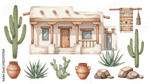 Watercolor collection of charming Southwestern desert elements including an adobe house, cacti, pottery, and a tribal rug.
