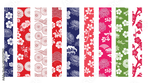 Collection of vertical banners with traditional Japanese floral and wave patterns, featuring cherry blossoms and chrysanthemums.