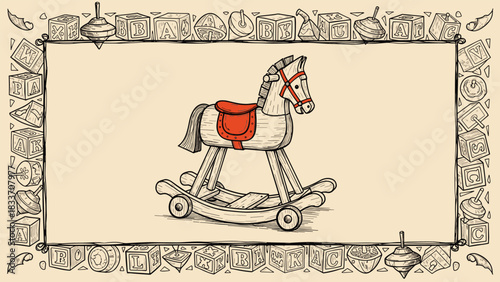 Vintage hand-drawn illustration of a classic wooden rocking horse centered in a decorative frame of antique children's toys.