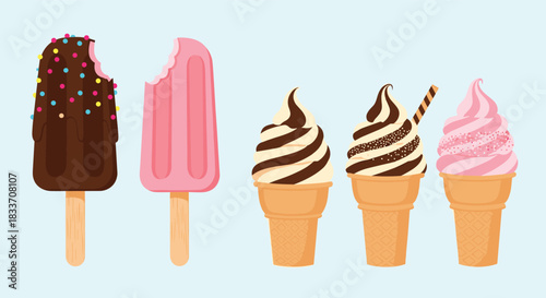 A sweet collection of various ice cream treats, including chocolate and strawberry popsicles and soft serve cones, on a blue background.