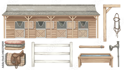Watercolor collection of rustic horse stable elements, including the barn, a wooden fence, saddle, blankets, and a water trough.